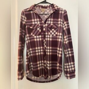 Purple/Tan Button Up Plaid Blouse